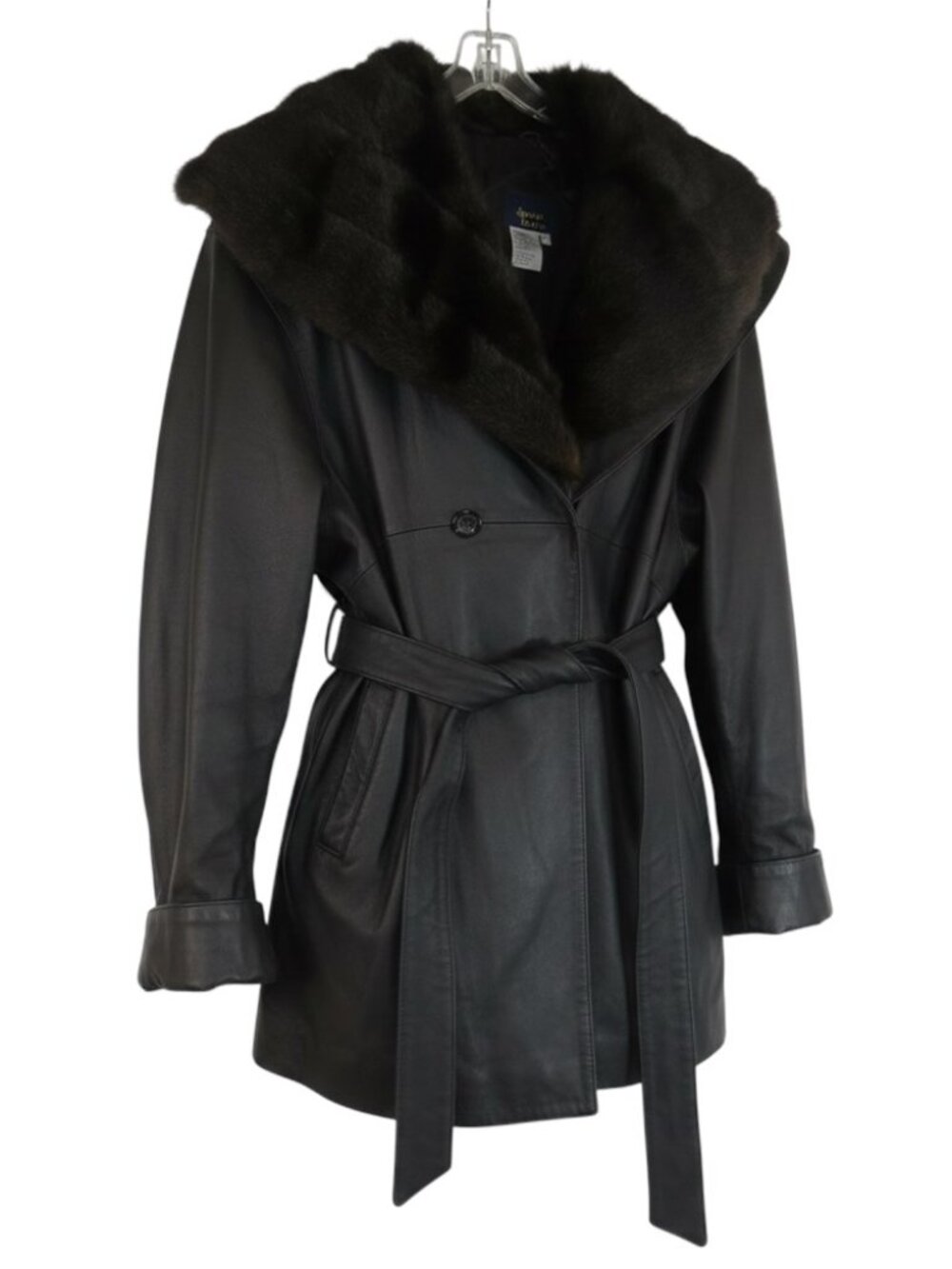 Dennis Basso Black Genuine Leather Coat with Faux Fur Collar 3X